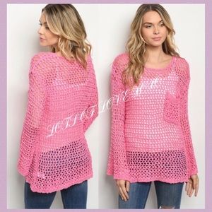 PINK NET LONG BELL SLEEVE SLUB SHOULDERS TUNIC TOP
